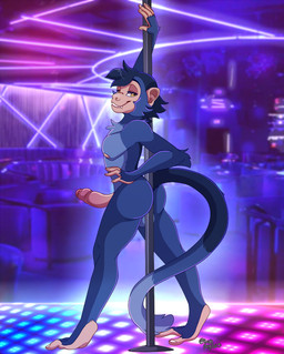 anthro athletic athletic_anthro athletic_male bedroom_eyes biped butt countershade_fur countershade_torso countershading dancing erection feet fingers foreskin fur genitals humanoid_genitalia humanoid_penis looking_at_viewer male narrowed_eyes nipples nude nude_anthro nude_male pecs penis pole pole_dancing seductive smile smiling_at_viewer solo tail toes knife-boy corduroy_(hunterstirling) haplorhine mammal monkey primate
