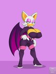 anthro bedroom_eyes big_breasts breasts clothed clothing female hand_on_hip huge_breasts membrane_(anatomy) membranous_wings narrowed_eyes presenting presenting_breasts purple_background seductive simple_background solo wings mklancer00 netflix sega sonic_prime sonic_the_hedgehog_(series) rouge_the_bat bat mammal absurd_res hi_res