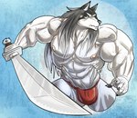 5_fingers abs anthro asian_clothing biceps black_body black_ears black_fur bulge clothing east_asian_clothing fingers fundoshi fur hair holding_melee_weapon holding_object holding_sword holding_weapon japanese_clothing long_hair male melee_weapon muscular muscular_anthro muscular_male nipples pecs red_clothing red_fundoshi red_underwear solo sword underwear weapon stagor55 feda:_the_emblem_of_justice ain_macdougal canid canine canis mammal wolf 2012