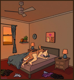 anthro bed bedding bedroom blanket cuddling duo furniture lamp laundry nightstand nude pillow ravalska poro_alska rav_alska canid canine deer fox mammal hi_res