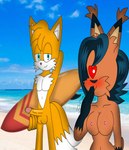 anthro athletic balls beach bedroom_eyes big_breasts black_hair blue_eyes blush breasts brown_body duo erection female fur genitals green_eyes hair half-closed_eyes hand_behind_head heart_eyes heart_symbol humanoid_genitalia humanoid_penis male male/female multi_tail narrowed_eyes nipples nude penis seductive shaking smile tail weebmochi69 yaboiskywardmochi1998 archie_comics sega sonic_the_hedgehog_(archie) sonic_the_hedgehog_(comics) sonic_the_hedgehog_(series) miles_prower nicole_the_lynx canid canine digital_creature felid feline fox humanoid lynx mammal absurd_res digital_media_(artwork) hi_res