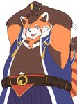 anthro belly big_belly blush clothed clothing cute_fangs fangs kemono male navel orange_body overweight overweight_male simple_background solo teeth weapon white_background nikukyu299paw tamacolle suruga_(tamacolle) ailurid mammal red_panda 2024 hi_res