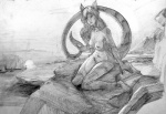 anthro barefoot biped breasts cetacean collar dolphin feet female graphite_(artwork) greyscale hair heart_symbol kloh0und long_hair long_tail looking_at_viewer mammal marine monochrome natalie_(greymaria) nipples nude oceanic_dolphin outside pencil_(artwork) rock sea sitting sketch solo sunset tail toothed_whale traditional_media_(artwork) wariza water wide_hips