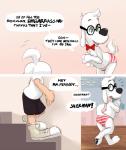 anthro bow_(feature) bow_tie canid canine canis caught clothed clothing comic crossdressing dialogue digital_media_(artwork) domestic_dog english_text eyewear fur gift green_eyes human jay_ward_productions male mammal mr._peabody mr._peabody_and_sherman panties seth-iova sherman sniffing solo text tumblr underwear white_body white_fur