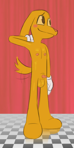 animal_genitalia animal_penis anthro balls blush canine_genitalia canine_penis casual_nudity checkered checkered_floor clothing curtains embarrassed fur genitals gloves gloves_only handwear handwear_only male mostly_nude nipples penis pink_nipples pink_nose pink_penis red_curtains sheath solo standing tail tail_motion tailwag white_clothing white_gloves white_handwear yellow_body yellow_fur hhbrother glitch_productions the_amazing_digital_circus scratch_(tadc) canid canine canis domestic_dog mammal 2026 absurd_res digital_drawing_(artwork) digital_media_(artwork) english_description hi_res