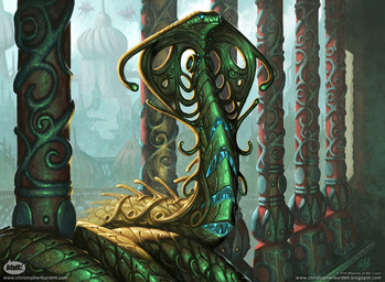 city cityscape coiling column feral frill_(anatomy) machine membrane_(anatomy) membranous_frill perspective serpentine snake_hood solo text christopher_burdett hasbro magic:_the_gathering wizards_of_the_coast animatronic cobra reptile robot scalie snake official_art signature url
