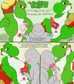 4_fingers animal_genitalia anthro anus ball_fondling balls blush bodily_fluids butt clothing comparison duo erection faceless_character faceless_human featureless_face fellatio fingers flaccid fondling footwear foreskin genital_slit genitals human_on_anthro humanoid_genitalia humanoid_penis interspecies looking_pleasured male male/male open_mouth oral penile penis penis_grab presenting presenting_hindquarters raised_leg saliva saliva_on_penis sex shoes simple_background sitting spread_legs spreading standing tail_anus tapering_penis text tongue tongue_out birdofanatic mario_bros nintendo green_yoshi human humanoid mammal scalie yoshi comic digital_drawing_(artwork) digital_media_(artwork) english_text flat_colors hi_res