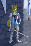 2023 5_fingers annoyed anthro armor banner black_nose blue_eyes blue_scarf bottomwear brazier brown_armor brown_bottomwear brown_clothing brown_pants canid canine canis clothing codpiece countershade_tail countershading day detailed_background dialogue_in_description eyebrows facial_markings fingers fire fox fur glint grey_armor hair hand_on_hip head_markings heart_clothing heart_symbol hi_res holding_melee_weapon holding_object holding_sword holding_weapon hybrid inner_ear_fluff inside light light_beam looking_at_viewer male mammal markings medieval_armor melee_weapon muzzle_(marking) narrowed_eyes orange_eyebrows orange_hair pants pauldron plantigrade red_heart reiver93 reiver_valentine scarf shaded shadow signature snout snout_markings solo spiky_hair standing stone_floor stone_wall sunbeam sunlight sword tail tan_body tan_fur tan_inner_ear tan_inner_ear_fluff tuft wall_(structure) weapon whisker_spots white_scarf window wolf yellow_body yellow_fur