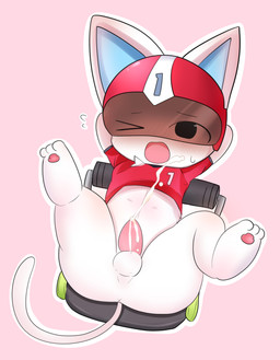 anthro anus armor asian_clothing blush bodily_fluids bottomless butt chibi clothed clothing cum east_asian_clothing footwear fur genital_fluids genitals headgear helmet japanese_clothing legwear male penis simple_background socks solo spandex superhero tapering_penis tight_clothing visor white_body white_fur x_anus young young_anthro tabi_(artist) animal_crossing nintendo kid_cat_(animal_crossing) domestic_cat felid feline felis mammal hi_res