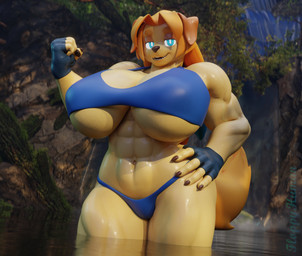 anthro big_breasts biped breasts clothed clothed_anthro clothed_female clothing detailed_background female female_anthro fingerless_gloves gloves hair handwear huge_breasts looking_at_viewer muscular muscular_anthro muscular_female navel outside pupils smile solo swimwear thick_thighs water yellow_body floppyhuman dog_knight_rpg jeane_(ceehaz) bird_dog canid canine canis domestic_dog golden_retriever hunting_dog mammal retriever 3d_(artwork) absurd_res digital_media_(artwork) hi_res