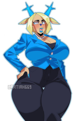 2_horns anthro antlers bent_arm big_breasts big_eyes biped black_bottomwear black_clothing black_eyebrows black_pants blonde_hair blue_antlers blue_clothing blue_eyes blue_lips blue_nose blue_shirt blue_topwear bottomwear breasts button_(fastener) cleavage clothed clothed_anthro clothed_female clothing ear_piercing ear_stud ears_aside eyebrows eyelashes female fully_clothed fully_clothed_anthro fully_clothed_female fur gem glistening glistening_eyes glistening_hair hair hand_on_hip hand_on_own_hip horn iris jewelry legs_together light_body light_fur light_hair lips long_eyelashes looking_aside mature_anthro mature_female necklace no_pupils open_mouth pants pearl_(gem) pearl_necklace piercing pink_inner_ear pink_tongue pose shirt short_hair simple_background snout solo standing tan_body tan_breasts tan_fur tear_trough teeth text thick_thighs thigh_gap three-quarter_view tongue topwear white_background white_jewelry white_necklace white_sclera wide_hipped_anthro wide_hipped_female wide_hips yellow_ears artiah669 deltarune undertale_(series) carol_holiday deer mammal new_world_deer reindeer 2025 artist_name digital_drawing_(artwork) digital_media_(artwork) hi_res portrait three-quarter_portrait