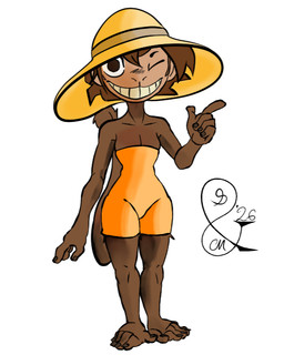 anthro clothed clothed_anthro clothed_female clothing feet female fur hair happy hat headgear headwear looking_at_viewer monkey_feet one-piece_swimsuit simple_background smile smiling_at_viewer solo swimwear tail yellow_clothing swingandamiss haplorhine mammal monkey primate 2026 signature