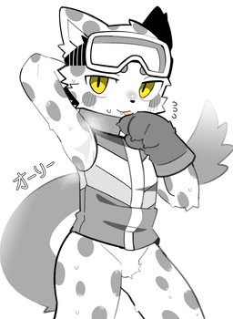 4_fingers anthro armpit_fetish bottomless claws clothed clothing crotch_lines crotch_tuft cute_fangs eyewear fangs finger_claws fingers gloves goggles hand_behind_head handwear looking_at_viewer male solo standing teeth tuft yellow_eyes young young_anthro young_male eisuke_art bemani konami pop'n_music ollie_(pop'n_music) felid mammal pantherine snow_leopard 2026 digital_media_(artwork) hi_res spot_color