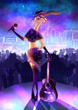 acoustic_guitar ambiguous_gender anthro blonde_hair brown_eyes crowd electronics female fur group guitar hair holding_object horn looking_at_viewer looking_back microphone midriff musical_instrument plucked_string_instrument rear_view shadow silhouette simple_background solo_focus string_instrument thewinterbunny disney zootopia benjamin_clawhauser gazelle_(zootopia) judy_hopps nick_wilde antelope bovid canid canine cheetah felid feline fox gazelle lagomorph leporid mammal rabbit 2017 absurd_res cool_colors digital_media_(artwork) hi_res purple_theme