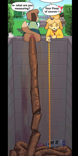 anthro brown_body brown_fur clothed clothing crossdressing duo excessive_feces feces feces_pile female fur hyper hyper_feces male male/female pooping semi_public text yellow_body yellow_fur freakette animal_crossing nintendo digby_(animal_crossing) isabelle_(animal_crossing) canid canine canis domestic_dog mammal absurd_res english_text hi_res url sibling_(lore) twins_(lore)