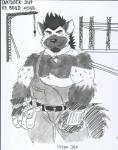 anthro builder clothed clothing construction fur male musclegut muscular muscular_anthro muscular_male nipples overalls pecs simple_background solo text tools ligoni inktober hyenajack hyena mammal spotted_hyena english_text hi_res