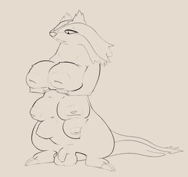 6_breasts areola balls big_breasts breasts busty_feral claws feral flaccid fur genitals gynomorph holding_breast humanoid_genitalia humanoid_penis intersex inverted_nipples looking_down looking_down_at_self multi_breast narrowed_eyes nipples penis snaggle_tooth solo standing tail text pinnipip nintendo pokemon generation_3_pokemon linoone pokemon_(species) english_text monochrome