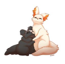 ambiguous_gender black_body black_fur duo ear_tuft feral fur hug hugging_another looking_at_another narrowed_eyes simple_background text tuft reskaro rain_world videocult slugcat artist_name character_request hi_res