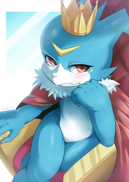 anthro arm_support blue_arms blue_body blue_fingers blue_hands blue_head blue_legs blush chair claws clothed clothing crown featureless_crotch finger_claws furniture headgear high-angle_view leaning_on_elbow looking_at_viewer red_eyes sitting teeth throne rusho bandai_namco digimon digimon_(species) scalie veemon hi_res