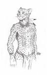 anthro bottomwear bracelet clothing ear_piercing ear_ring facial_piercing feathers fur jewelry loincloth male markings necklace nose_piercing piercing ring_piercing scar scarification simple_background smile solo spots spotted_body spotted_fur standing torc tribal white_background 0laffson cheetah felid feline mammal 2018 graphite_(artwork) hi_res sketch traditional_media_(artwork)