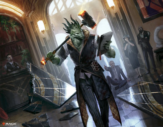 anthro anthro_focus belt broken_door clothing crossed_arms door dutch_angle female gesture green_body green_scales group hammer hand_gesture hat headgear headwear holding_hammer holding_note_pad holding_object holding_tool horn inside lamp male pointing scales tools tuan_duong_chu hasbro magic:_the_gathering mythology wizards_of_the_coast dragon human mammal mythological_creature mythological_scalie scalie 2022 absurd_res hi_res official_art