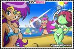 beach bikini blue_eyes clothing ear_piercing female green_body green_skin group hair humanoid_pointy_ears looking_at_viewer monster_girl_(genre) not_furry_focus outside piercing pink_hair red_hair seaside swimwear two-piece_swimsuit matt_bozon mighty_flip_champs mighty_milky_way shantae_(series) wayforward luna_(mighty_milky_way) shantae alien bovid bovine domestic_cat felid feline felis fish genie human humanoid mammal marine official_art