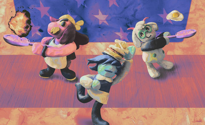ambiguous_gender anthro clay_(artwork) clothed clothing eyewear fur glasses group hair headgear headwear horn smile toony trio white_body homounderground deltarune undertale_(series) kris_dreemurr ralsei susie_(deltarune) bovid caprine darkner goat human lightner mammal reptile scalie hi_res mixed_media photo_manipulation photography_(artwork) sculpture_(artwork) traditional_media_(artwork)