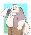 anthro belly big_belly bottomwear clothed clothing kemono male one_eye_closed open_clothing open_shirt open_topwear overweight overweight_male shirt shorts simple_background solo topwear inunoshippo canid canine canis domestic_dog mammal 2024 hi_res