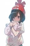 ambiguous_gender beanie black_hair bodily_fluids clothed clothing crying duo female hair hat headgear headwear hug not_furry sad simple_background tears white_background z-ring supernew nintendo pokemon selene_(pokemon) clefairy generation_1_pokemon human mammal pokemon_(species) 2016 hi_res