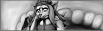 abs anthro bored clothed clothing cloud crossdressing crystal hair hand_on_head headgear headwear long_hair male marshmallow_penguin muscular muscular_anthro muscular_male parasol solo wings femboyancy angelle_owuvian absurd_res black_and_white hi_res monochrome