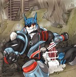 anthro blue_body blue_fur blush bodily_fluids clothing cum cum_on_penis fur genital_fluids genitals humanoid_genitalia male muscular muscular_male penis solo spandex_suit torn_clothing white_body white_fur kaltet0818 power_rangers super_sentai tokusou_sentai_dekaranger doggie_kruger canid canine canis domestic_dog mammal censored hi_res