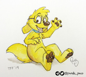 anthro blue_collar brown_nose brown_pawpads collar fangs fingerpads floppy_ears fur gesture head_tuft looking_at_viewer male nude open_mouth open_smile pawpads simple_background sitting smile solo tail teeth tuft waving waving_at_viewer white_background white_tail yellow_body yellow_fur young young_anthro young_male pandapaco monty_carlo canid canine canis domestic_dog mammal 2019