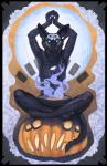 abstract_background anthro biped black_body black_fur bodypaint border breasts card claws face_paint female fire food fortune_telling front_view fruit fur glowing glowing_eyes humanoid_hands jack-o'-lantern looking_at_viewer magic nude plant pumpkin sitting sitting_on_pumpkin skull_face_paint smoke solo tarot tarot_card transparent_border blackpassion777 canid canine mammal absurd_res alpha_channel hi_res