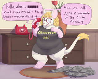 anthro barefoot black_clothing black_shirt black_topwear blonde_hair breasts buckteeth clothing dialogue digitigrade drawer electronics eyewear feet female freckles glasses greeting hair implied_transformation looking_down open_mouth phone plant plant_pot plushie plushie_tag potted_plant rotary_phone round_glasses seam_(sewing) shirt shortstack smile solo standing tail teeth text text_on_clothing text_on_shirt text_on_topwear topwear fauvfox animate_inanimate living_plushie mammal mouse murid murine rodent 2024 absurd_res digital_media_(artwork) english_text hi_res