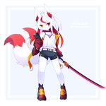 2_tails 5_fingers ahoge anthro belt black_nose blush bottomwear choker claws clothed clothing dipstick_tail female female_anthro finger_claws fingers footwear fur hair hand_on_hip heterochromia holding_melee_weapon holding_object holding_sword holding_weapon inner_ear_fluff jacket jewelry katana kemono looking_at_viewer markings melee_weapon multi_tail multicolored_body multicolored_fur multicolored_hair multicolored_tail navel necklace red_body red_eyes red_fur red_hair shoes shorts solo sword tail tail_markings topwear tuft weapon white_body white_fur white_hair yellow_eyes devil-vox knia_(devil-vox) canid canine fox mammal 1:1 2021 absurd_res digital_media_(artwork) full-length_portrait hi_res portrait