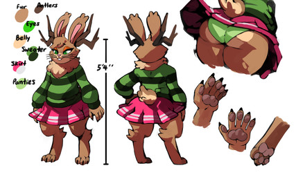 3_toes 5_fingers anthro antlers big_butt black_claws black_whiskers bottomwear brown_body brown_fur brown_spots buckteeth butt cartoon_freckles cheek_tuft chest_fur claws close-up clothed clothing clover_(plant) color_swatch countershade_face countershading crossdressing digitigrade ear_tuft eyebrow_through_hair eyebrows eyelashes eyeshadow facial_tuft feet femboy fingers freckled_face freckles fur furgonomics green_clothing green_eyes green_panties green_stripes green_sweater green_topwear green_underwear hair horn leg_tuft long_ears long_eyelashes long_sleeve_shirt long_sleeves makeup male orange_eyeshadow panties pattern_clothing pawpads paws pink_bottomwear pink_clothing pink_nose pink_skirt plant pupils short short_male short_tail shortstack shy skirt slightly_chubby solo spot_freckles spots spotted_face striped_clothing stripes sweater tail tail_through_skirt tan_body tan_fur teeth text thick_eyelashes thick_thighs toes topwear translucent translucent_hair tuft underwear unusual_pupils upskirt whiskers white_stripes wide_hips bittenhard poppy_apila jackalope lagomorph mammal 2023 digital_media_(artwork) english_text hi_res model_sheet