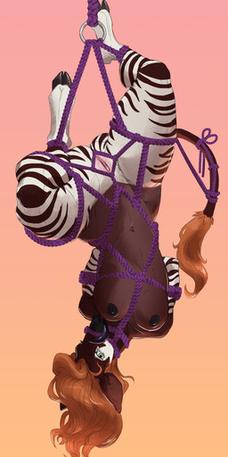 anthro bdsm big_breasts blue_tongue bondage bound breasts brown_body brown_fur brown_hair cloven_hooves dark_nipples female fur genitals green_eyes hair hanging_breasts hanging_upside_down hooves licking long_tongue looking_at_viewer markings navel nipples nude nude_anthro nude_female outie_navel pink_vulva prehensile_tongue purple_tongue red_hair restraints rope rope_bondage rope_harness self_lick solo striped_arms striped_body striped_fur striped_legs striped_markings stripes suspension suspension_bondage tail thinning_fur_on_belly tongue tongue_out upside_down vulva twistedteeth genevieve_lykelle giraffid mammal okapi hi_res
