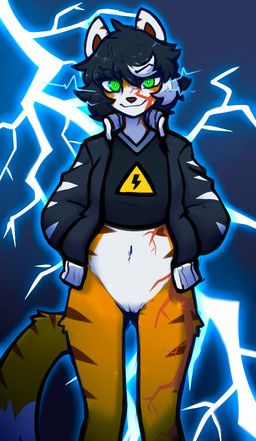 anthro biped black_clothing black_hair black_jacket black_shirt black_topwear bottomless bottomless_anthro bottomless_female breasts brown_hair brown_inner_ear brown_nose brown_stripes clothed clothed_anthro clothed_female clothing countershade_torso countershading electricity eyebrow_through_hair eyebrows facial_scar female front_view fur genitals green_eyes hair hand_in_pocket hands_in_both_pockets highlights_(coloring) hip_scar jacket leg_scar lightning looking_at_viewer navel open_clothing open_jacket open_topwear orange_body orange_fur partially_clothed partially_clothed_anthro partially_clothed_female pockets scar shirt simple_background smile solo standing stripes tail topwear translucent translucent_hair vulva white_body white_fur white_highlights mewgle blaise_(mewgle) felid mammal pantherine tiger 2026 digital_drawing_(artwork) digital_media_(artwork) hi_res