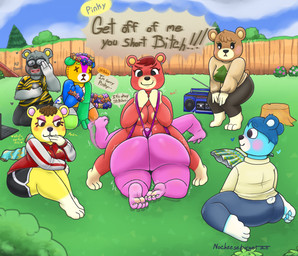 :3 anthro being_watched big_breasts big_butt blue_body blue_hair blush bottomwear breasts brown_body brown_hair butt clothed clothing clothing_pull dialogue ear_piercing electronics eyewear feet female female/female flower flower_crown frown glasses grey_body group hair head_tuft heart_symbol holding_object holding_phone huge_butt humiliation leg_markings legwear looking_at_another makeup male markings on_top outside overweight overweight_anthro overweight_female pawpads phone piercing pink_body plant plushie public public_exposure public_humiliation rear_view red_body shorts shortstack sitting sitting_on_another sitting_on_back smile socks_(marking) speech_bubble sweater taking_picture text thick_thighs tights topwear tuft underwear underwear_pull wedgie wide_hips yelling yellow_body nocheeseburger animal_crossing nintendo barold_(animal_crossing) bluebear_(animal_crossing) cheri_(animal_crossing) maple_(animal_crossing) pinky_(animal_crossing) stitches_(animal_crossing) tammy_(animal_crossing) animate_inanimate bear living_plushie mammal 2025 digital_media_(artwork) english_text hi_res