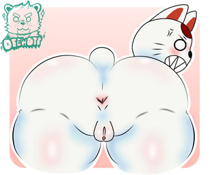angry anthro anus big_butt blush body_blush butt cross-popping_vein female genitals looking_back sharp_teeth shortstack simple_background solo teeth vulva vulva_blush whiskers white_body d13w0tt_(artist) dandadan maneki-neko turbo_granny_(dandadan) 6:5