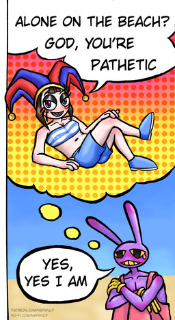 anthro beach bikini bikini_top blush bodily_fluids clothing crying dots dotted_background duo fantasizing female female_human fool's_hat footwear gloves gradient gradient_background handwear hat headgear headwear human_on_anthro interspecies looking_at_viewer male male/female male_anthro muscular muscular_anthro muscular_male nipple_outline overalls pattern_background pattern_bikini pattern_clothing pattern_swimwear sand sharp_teeth shoes simple_background sky smile smirk speech_bubble striped_bikini striped_bikini_top striped_clothing striped_swimwear stripes swimming_trunks swimwear tears teeth text thought_bubble two-piece_swimsuit nsfwulf alone_on_a_friday_night_(meme) glitch_productions ko-fi patreon the_amazing_digital_circus jax_(tadc) pomni_(tadc) human lagomorph mammal absurd_res hi_res screentone url watermark