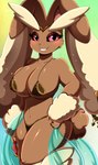 anthro belly_dancer big_breasts bikini black_sclera breasts clothed clothing ear_piercing ear_ring eyelashes female harem_outfit looking_at_viewer musical_instrument percussion_instrument piercing pink_eyes ring_piercing smile solo swimwear tambourine thick_thighs two-piece_swimsuit pridark nintendo pokemon generation_4_pokemon lagomorph lopunny mammal pokemon_(species) 2022 absurd_res digital_media_(artwork) hi_res