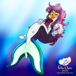 anthro beak black_body breasts eyebrows eyelashes eyewear feathers female fin fingers fish_tail glasses green_body grey_body hair logo long_hair looking_at_viewer nude orange_beak orange_eyes pink_hair purple_hair red_eyes sea simple_background smile solo split_form tail tail_fin text underwater water white_body yellow_beak yellow_eyes featherdream mayday_(darkandlife2) aquatic avian bird fish hybrid merfolk 1:1 2025 artist_logo digital_media_(artwork) english_text hi_res