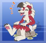 anthro bodily_fluids clothing diaper feces feces_on_ground genital_fluids happy leaking_diaper male peeing scatplay soiled_diaper soiling solo unclean_diaper urine used_diaper wet_diaper wetting ritzcat nintendo pokemon canid canine generation_7_pokemon lycanroc mammal midnight_lycanroc pokemon_(species) hi_res