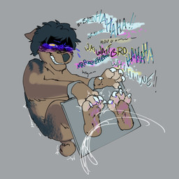barefoot bodily_fluids bound claws crying dialogue feet feral foot_focus forced hair laugh male paws restraints simple_background smile soles solo submissive tears teeth tickle_fetish tickle_torture tickling tickling_feet toe_claws toes puppyratcat alien canid canine felid feline felis hybrid mammal hi_res