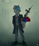 anthro clothing gun london looking_at_viewer mafia male ranged_weapon smile smiling_at_viewer solo suit weapon katxfish ryazon_black canid canine canis mammal wolf absurd_res hi_res