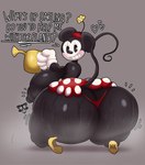 anthro big_breasts big_butt black_body black_eyes black_nipples black_nose blush bottomwear breasts butt clothing female footwear hat headgear headwear heart_symbol high_heels huge_breasts huge_butt mouse_tail nipples shoes skirt solo tail text thick_thighs thong underwear thedeathcrow05 disney minnie_mouse mammal mouse murid murine rodent english_text hi_res