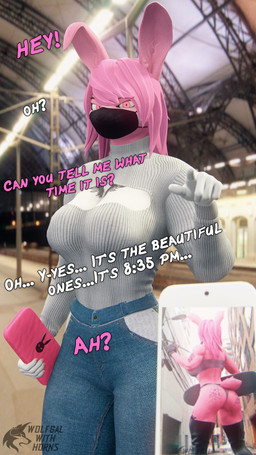 anthro cellphone chest_tattoo clothing dialogue electronics female fur hair long_ears mask muscular muscular_anthro muscular_female phone pink_body pink_fur pink_hair solo sweater tattoo topwear train_station wallet white_body white_skin ludexus zafy_takada_(ludexus) lagomorph leporid mammal rabbit 3d_(artwork) 4k 9:16 absurd_res digital_media_(artwork) hi_res portrait source_filmmaker_(artwork) three-quarter_portrait