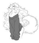 anthro black_clothing black_sweater black_topwear blue_eyes borzoi canid canine canis circle_eyebrows clothing domestic_dog eyebrows fangs female fluffy fluffy_tail fur hair hi_res hunting_dog long_hair long_tail looking_at_viewer mammal neck_tuft oversized_clothing oversized_sweater oversized_topwear sighthound sleeves_past_fingers sleeves_past_wrists slim smile smug smug_face solo sweater tail tall tateoftot teeth topwear tuft wavy_hair white_body white_fur white_hair
