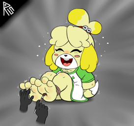 3_toes ankles_tied anthro bdsm black_nose blonde_hair bondage bound brush buckteeth clothing dipstick_tail disembodied_hand eyes_closed feet female foot_fetish fur hair hands_behind_back holding_brush holding_object holding_paintbrush laugh markings multicolored_body multicolored_fur open_mouth open_smile paintbrush restraints rope rope_bondage shirt sitting smile solo_focus tail tail_markings teeth tickle_fetish tickle_torture tickling tickling_feet tied_hair toes tongue topwear white_body white_fur white_tail_tip yellow_body yellow_fur repulsion_switch_(artist) animal_crossing nintendo isabelle_(animal_crossing) canid canine canis domestic_dog mammal shih_tzu toy_dog source_request